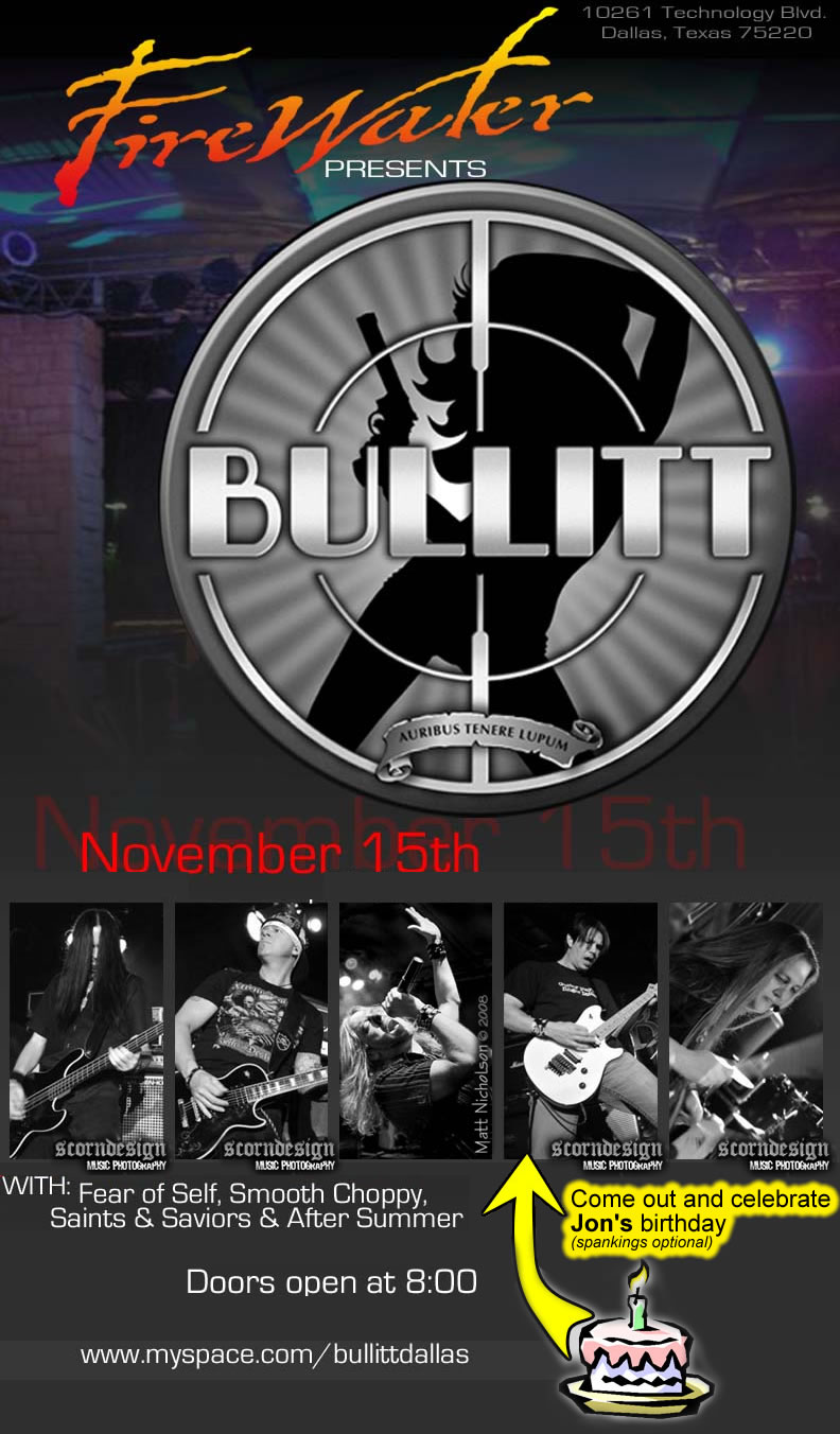 Bullitt, Saturday, Nov. 15th at Firewater!